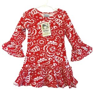 Flap Happy Vintage Girls Red White Floral Bell Sleeve Dress SPF Size 4 NWT